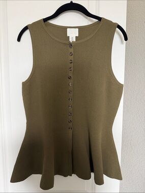 H&M Sleeveless Olive Green Ribbed Button-Front Peplum Top